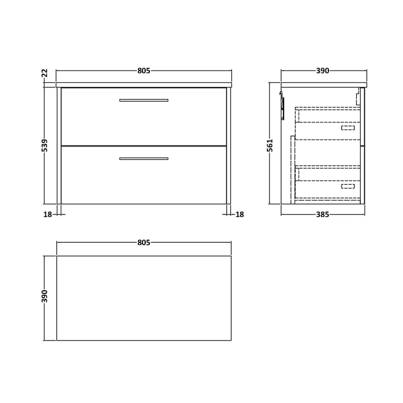 Hudson Reed Juno 800 Wall Hung 2-drawer Vanity & Laminate Worktop Contemp Graphite Grey Woodgrain MFC Textured Woodgrain 561x805x390mm
