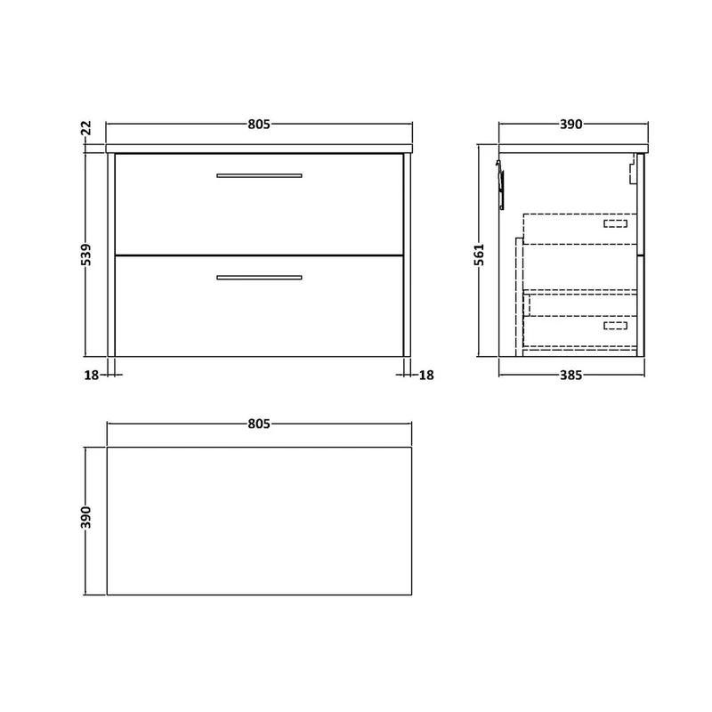 Hudson Reed Juno 800mm Wall Hung 2 Drawer Vanity & Laminate Top Contemp Graphite Grey Woodgrain MFC Textured Woodgrain 561x805x390mm - JNU2226LBG