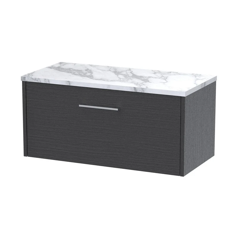 Hudson Reed Juno 800 Wall Hung Single Drawer Vanity & Laminate Worktop Contemp Graphite Grey Woodgrain MFC Textured Woodgrain 381x805x390mm