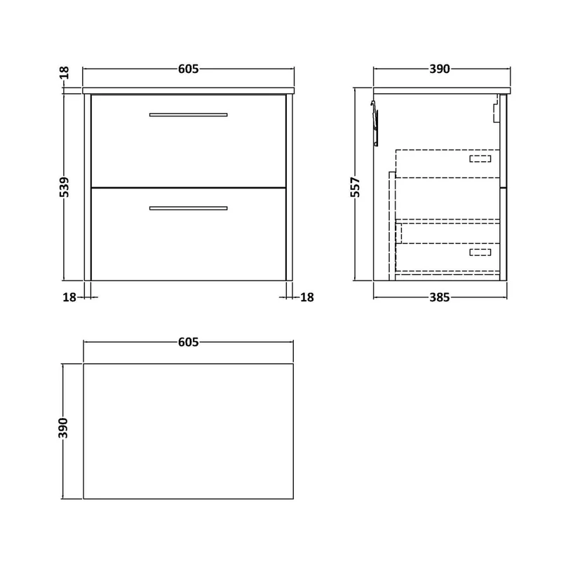 Hudson Reed Juno 600mm Wall Hung 2 Drawer Vanity & Worktop Contemp Graphite Grey Woodgrain MFC Textured Woodgrain 561x605x390mm