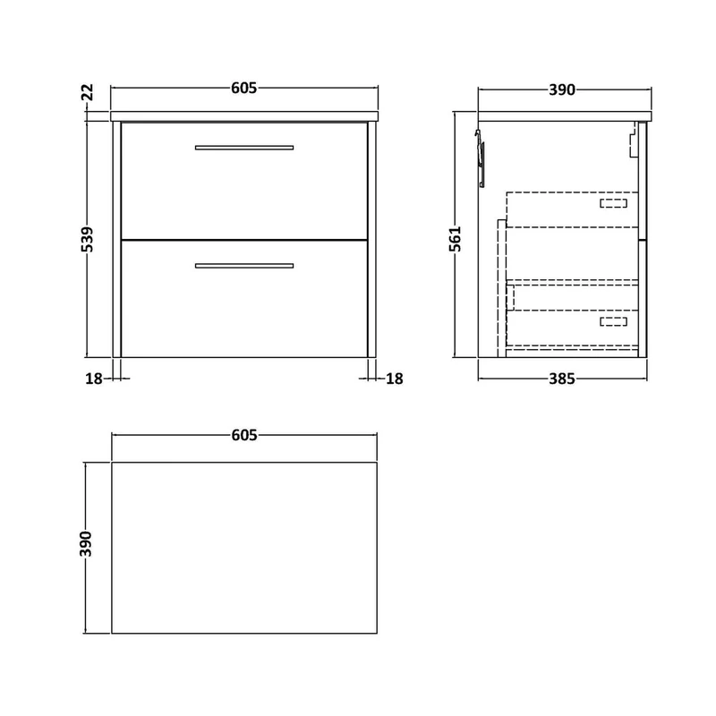 Hudson Reed Juno 600mm Wall Hung 2 Drawer Vanity & Laminate Top Contemp Graphite Grey Woodgrain MFC Textured Woodgrain 561x605x390mm - JNU2224LBG