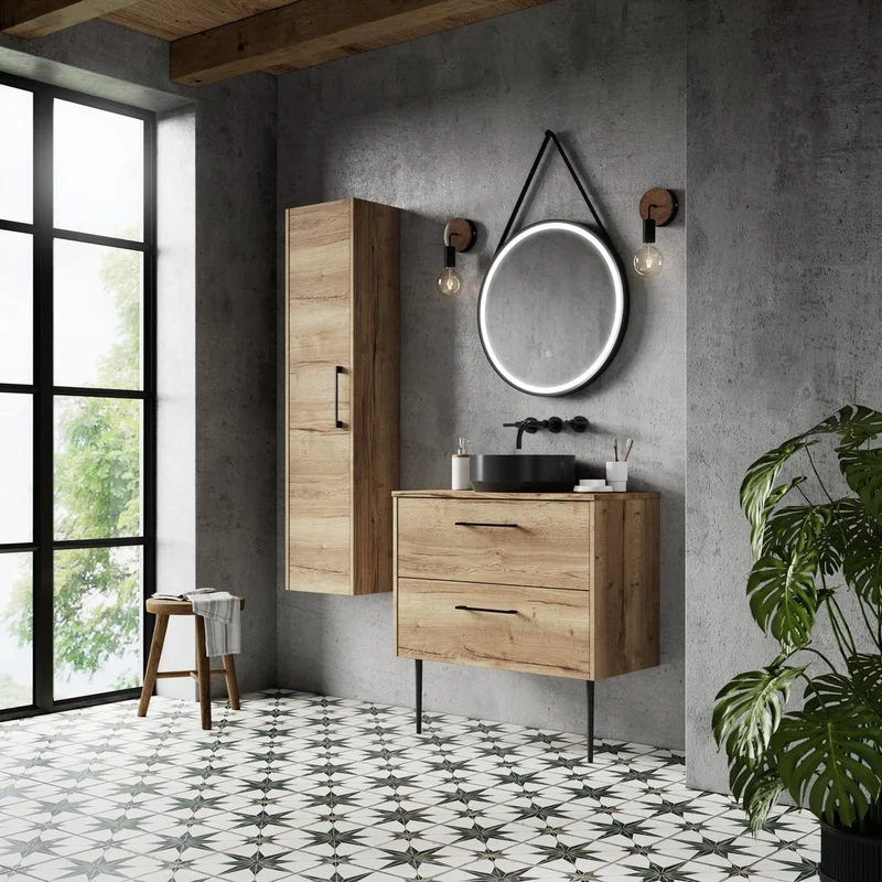 Hudson Reed Juno 800mm Wall Hung 2 Drawer Vanity & Worktop Contemp Autumn Oak MFC Textured Woodgrain 557x805x390mm
