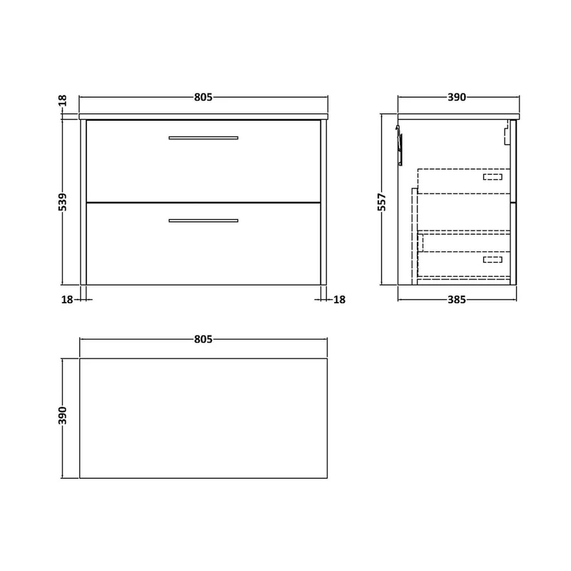 Hudson Reed Juno 800mm Wall Hung 2 Drawer Vanity & Worktop Contemp Autumn Oak MFC Textured Woodgrain 557x805x390mm