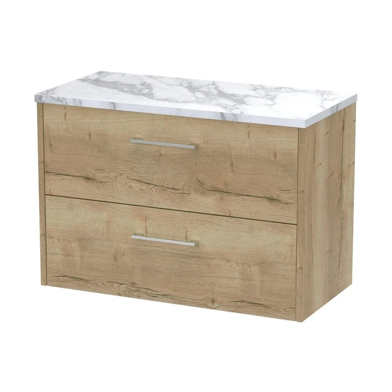 Hudson Reed Juno 800 Wall Hung 2-drawer Vanity & Laminate Worktop Contemp Autumn Oak MFC Textured Woodgrain 561x805x390mm
