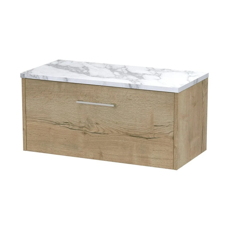 Hudson Reed Juno 800 Wall Hung Single Drawer Vanity & Laminate Worktop Contemp Autumn Oak MFC Textured Woodgrain 381x805x390mm