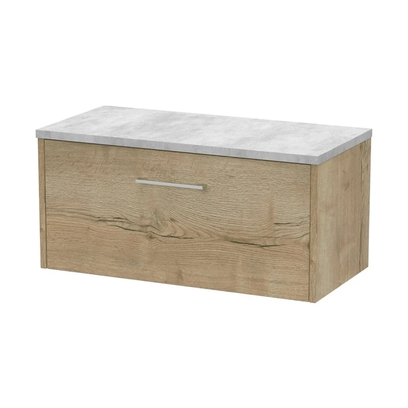 Hudson Reed Juno 800mm Wall Hung Single Drawer Vanity & Laminate Top Contemp Autumn Oak MFC Textured Woodgrain 381x805x390mm - JNU1825LBG