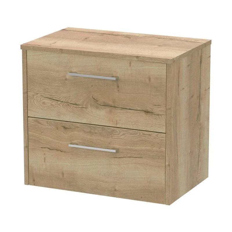 Hudson Reed Juno 600mm Wall Hung 2 Drawer Vanity & Worktop Contemp Autumn Oak MFC Textured Woodgrain 557x605x390mm