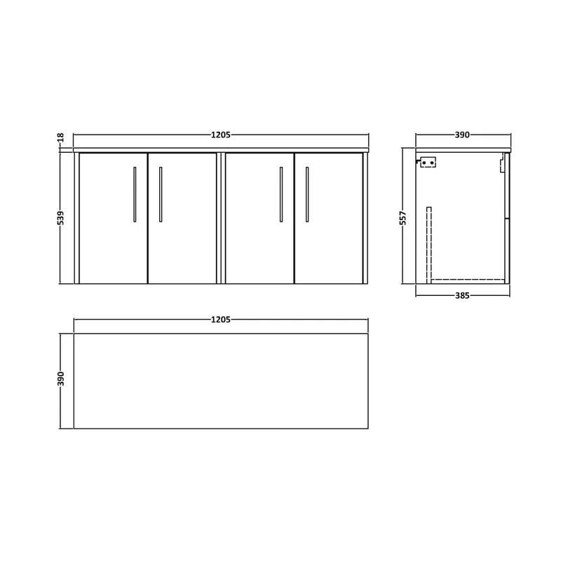 Hudson Reed Juno 1200mm Wall Hung 4 Door Vanity & Worktop Contemp Autumn Oak MFC Textured Woodgrain 539x1205x390mm