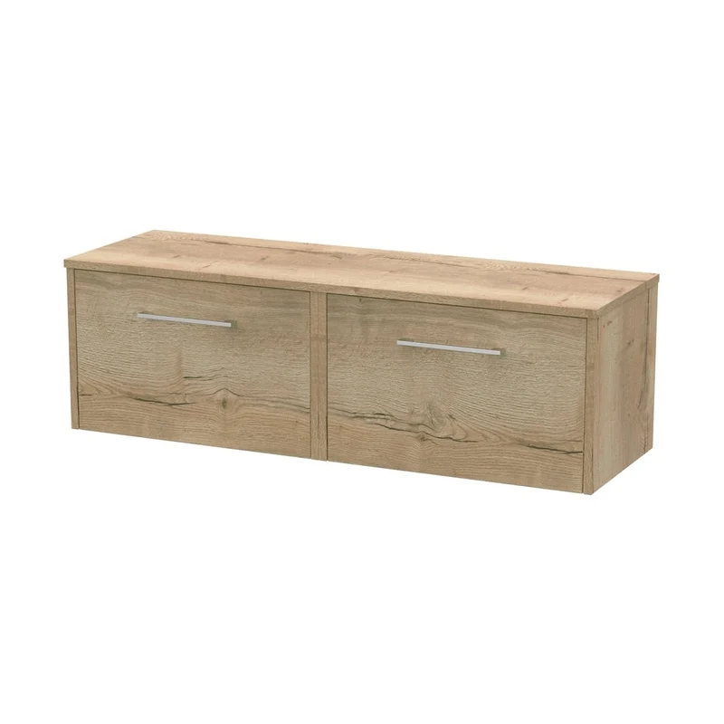 Hudson Reed Juno 1200mm Wall Hung 2 Drawer Vanity & Worktop Contemp Autumn Oak MFC Textured Woodgrain 359x1205x390mm