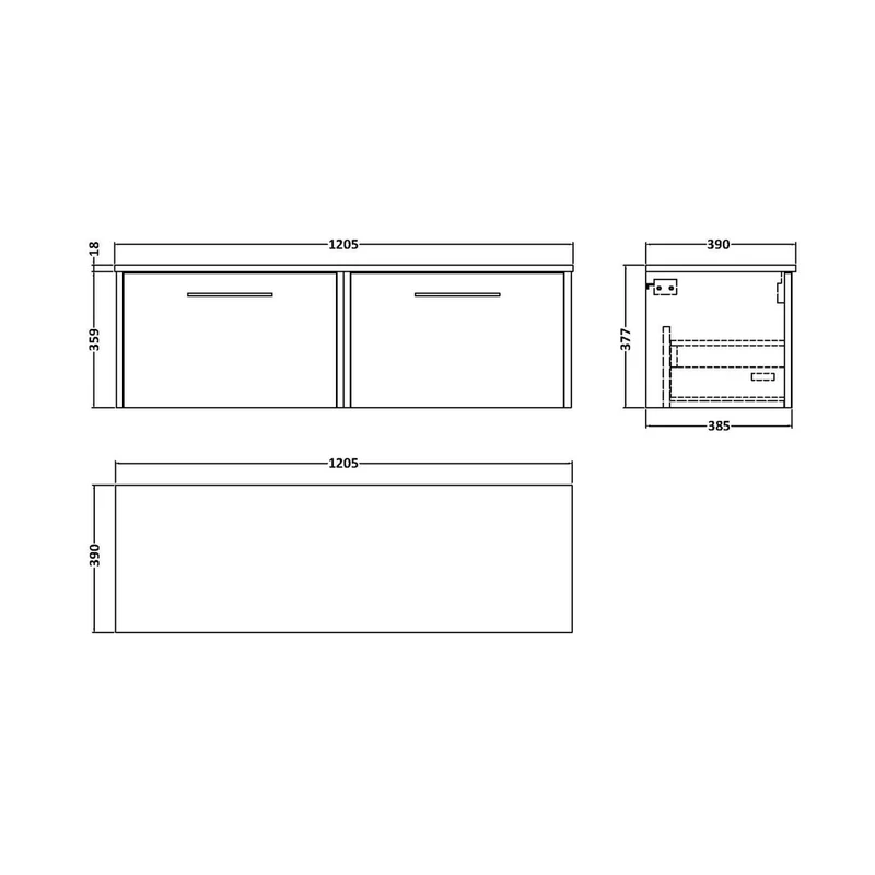 Hudson Reed Juno 1200mm Wall Hung 2 Drawer Vanity & Worktop Contemp Autumn Oak MFC Textured Woodgrain 359x1205x390mm