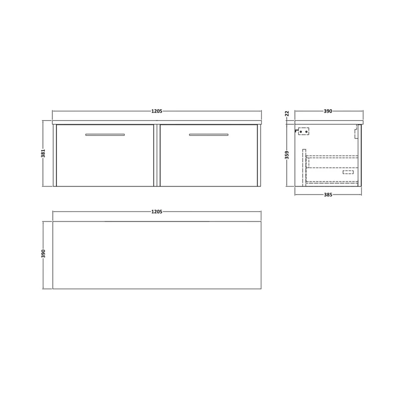 Hudson Reed Juno 1200 Wall Hung 2-drawer Vanity & Laminate Worktop Contemp Autumn Oak MFC Textured Woodgrain 381x1205x390mm - JNU1822LCM2