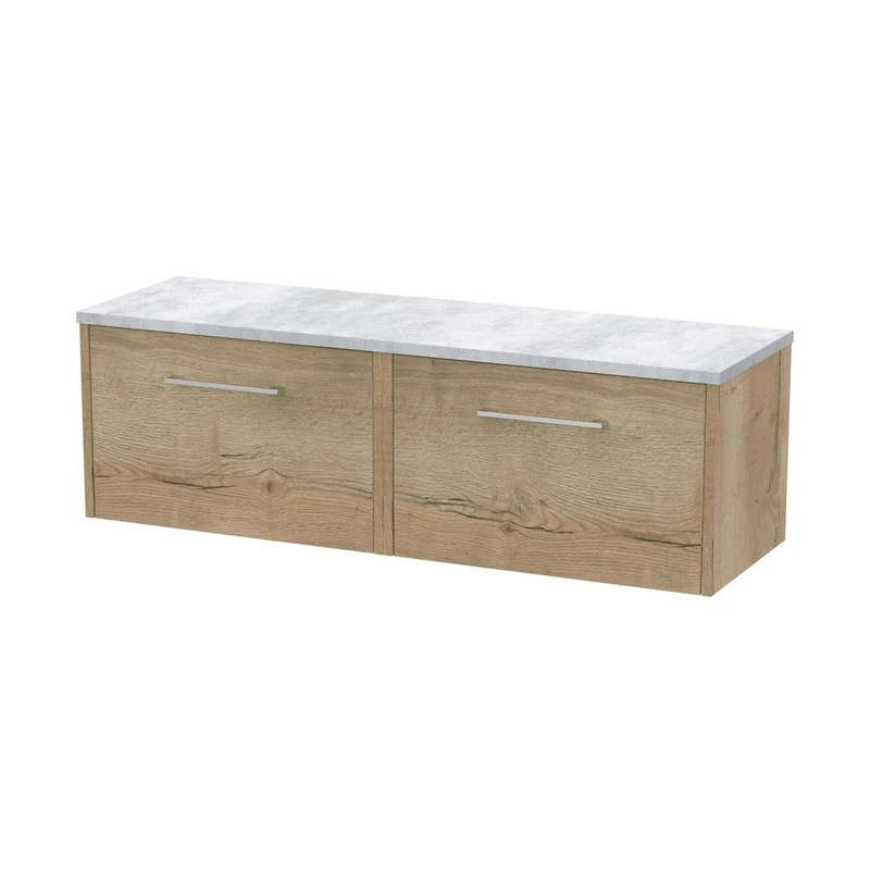 Hudson Reed Juno 1200 Wall Hung 2-drawer Vanity & Laminate Worktop Contemp Autumn Oak MFC Textured Woodgrain 381x1205x390mm - JNU1822LBG2