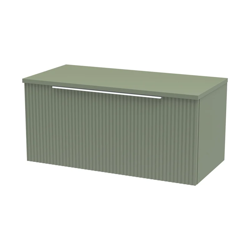 Hudson Reed Fluted 800mm Wall Hung Single Drawer Vanity & Worktop Contemp Satin Green MFC Painted Gloss 377x805x390mm