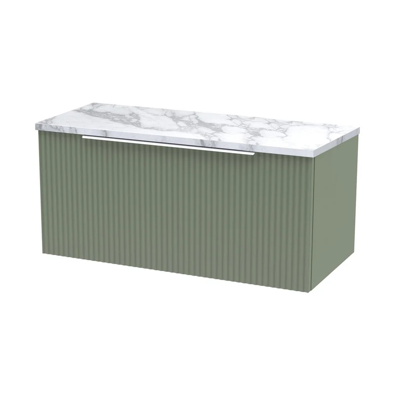 Hudson Reed Fluted 800mm Wall Hung Single Drawer Vanity & Laminate Worktop Contemp Satin Green MFC Painted Gloss 381x805x390mm