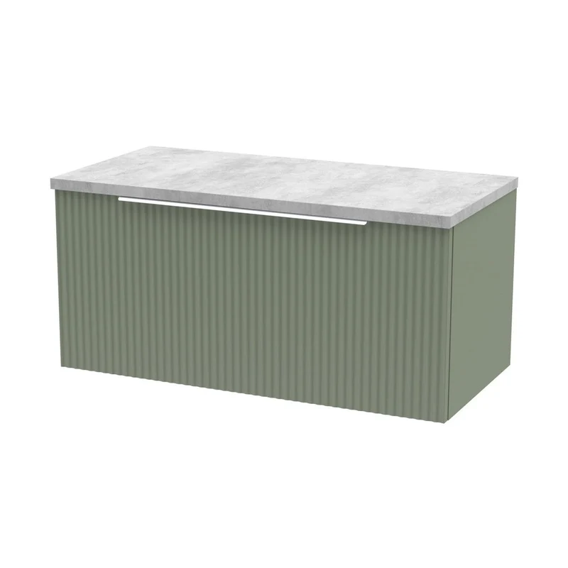 Hudson Reed Fluted 800mm Wall Hung Single Drawer Vanity & Laminate Top Contemp Satin Green MFC Painted Gloss 381x800x390mm - DFF896LBG