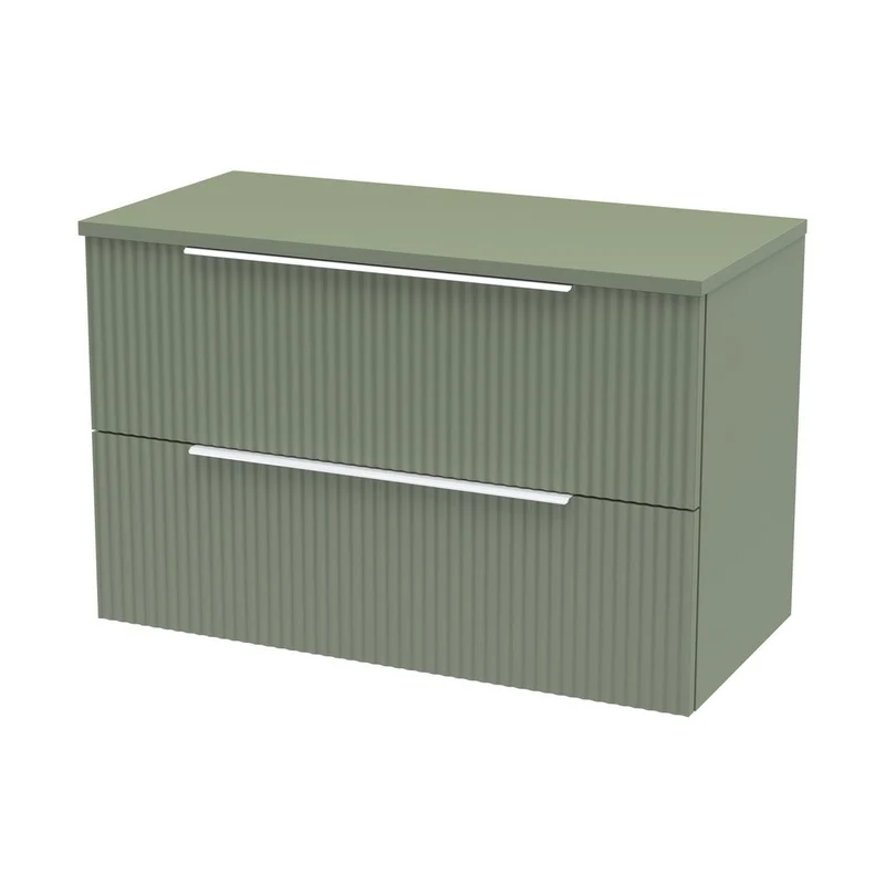 Hudson Reed Fluted 800mm Wall Hung 2 Drawer Vanity & Worktop Contemp Satin Green MFC Painted Gloss 518x805x390mm