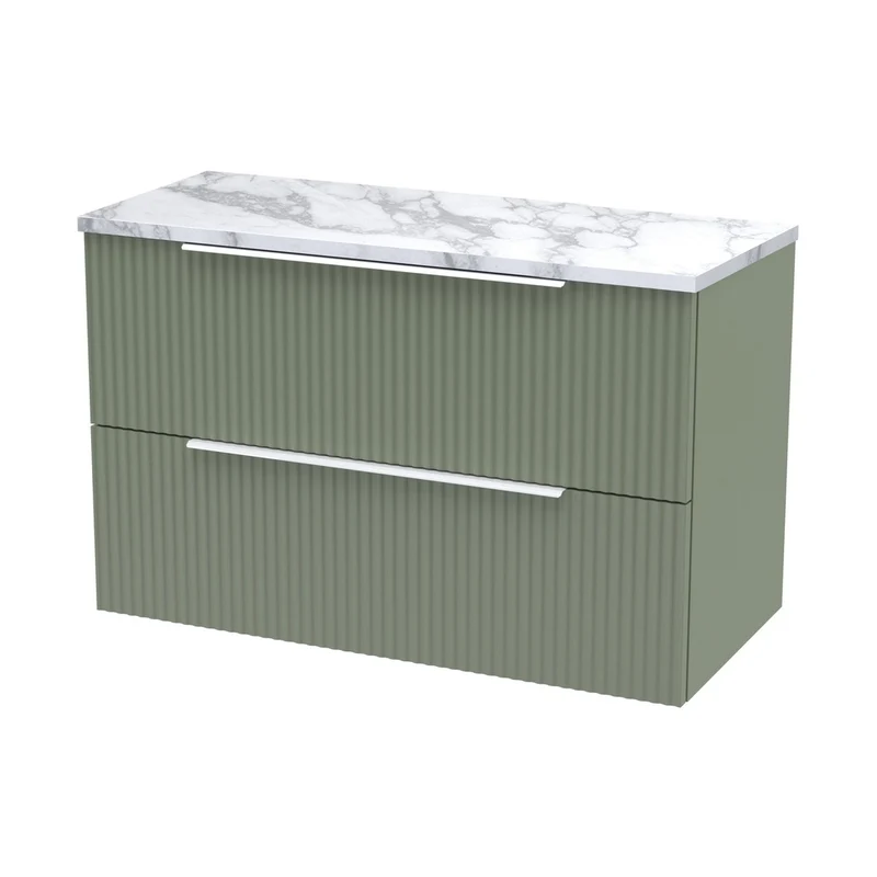Hudson Reed Fluted 800mm Wall Hung 2-drawer Vanity & Laminate Worktop Contemp Satin Green MFC Painted Gloss 522x805x390mm