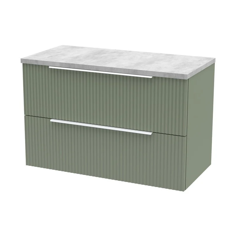 Hudson Reed Fluted 800mm Wall Hung 2 Drawer Vanity & Laminate Top Contemp Satin Green MFC Painted Gloss 522x805x390mm - DFF895LBG