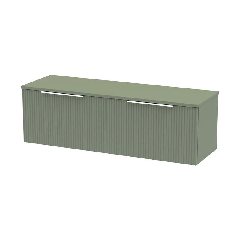 Hudson Reed Fluted 1200mm Wall Hung 2 Drawer Vanity & Worktop Contemp Satin Green MFC Painted Gloss 377x1205x390mm