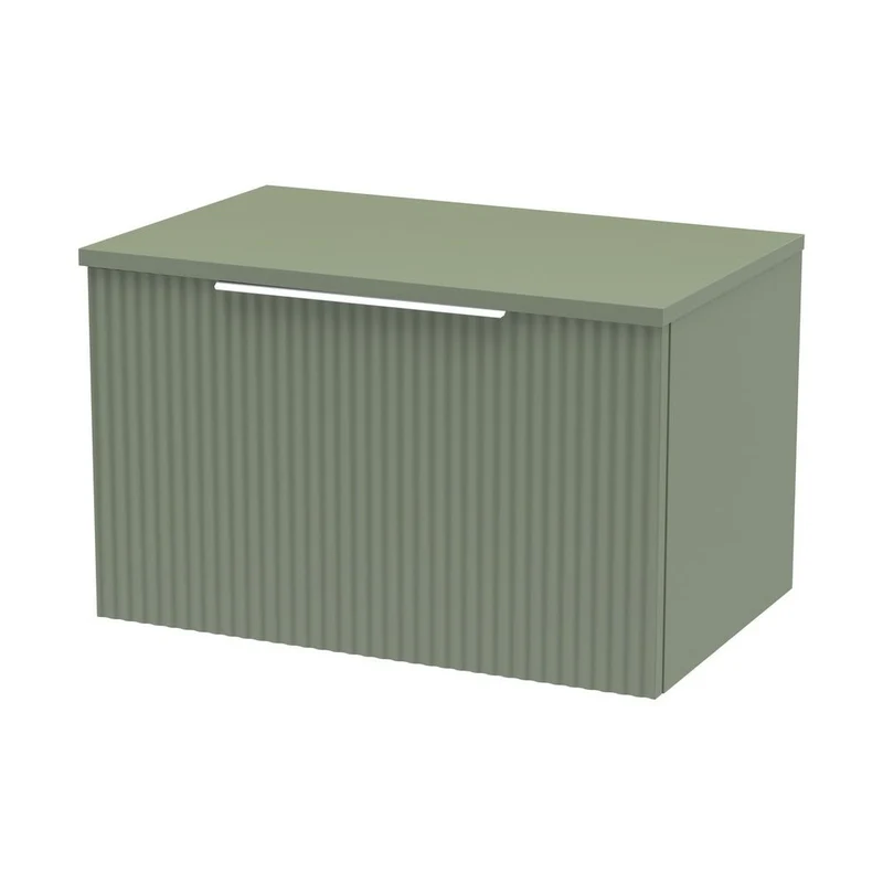 Hudson Reed Fluted 600mm Wall Hung Single Drawer Vanity & Worktop Contemp Satin Green MFC Painted Gloss 377x605x390mm