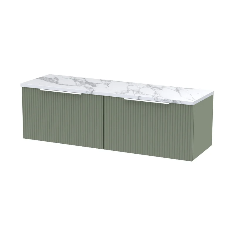 Hudson Reed Fluted 1200 Wall Hung 2-drawer Vanity & Laminate Worktop Contemp Satin Green MFC Painted Gloss 405x1215x455mm - DFF894LCM2