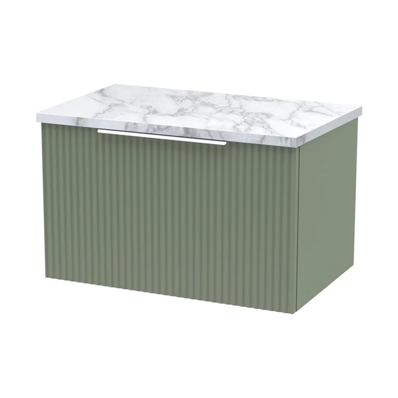 Hudson Reed Fluted 600mm Wall Hung Single Drawer Vanity & Laminate Worktop Contemp Satin Green MFC Painted Gloss 381x605x390mm
