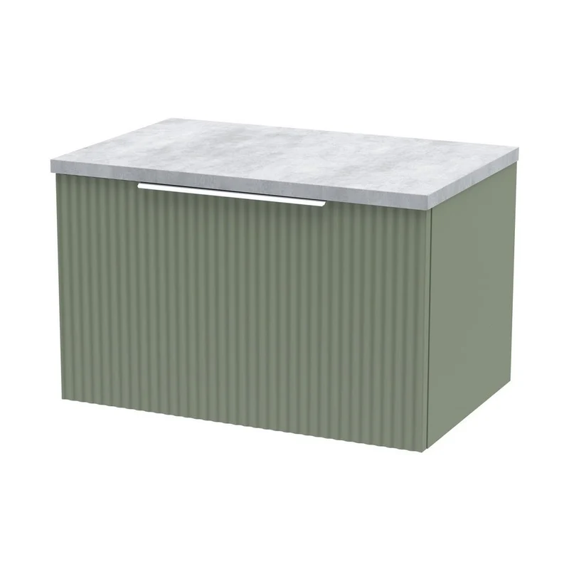 Hudson Reed Fluted 600mm Wall Hung Single Drawer Vanity & Laminate Top Contemp Satin Green MFC Painted Gloss 381x605x390mm - DFF894LBG