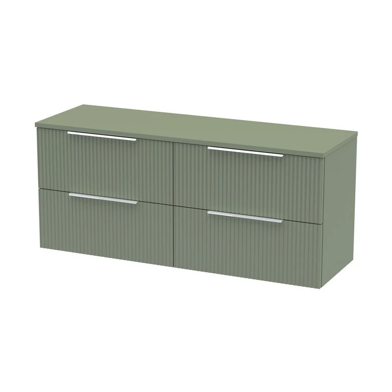 Hudson Reed Fluted 1200mm Wall Hung 4 Drawer Vanity & Worktop Contemp Satin Green MFC Painted Gloss 518x1205x390mm