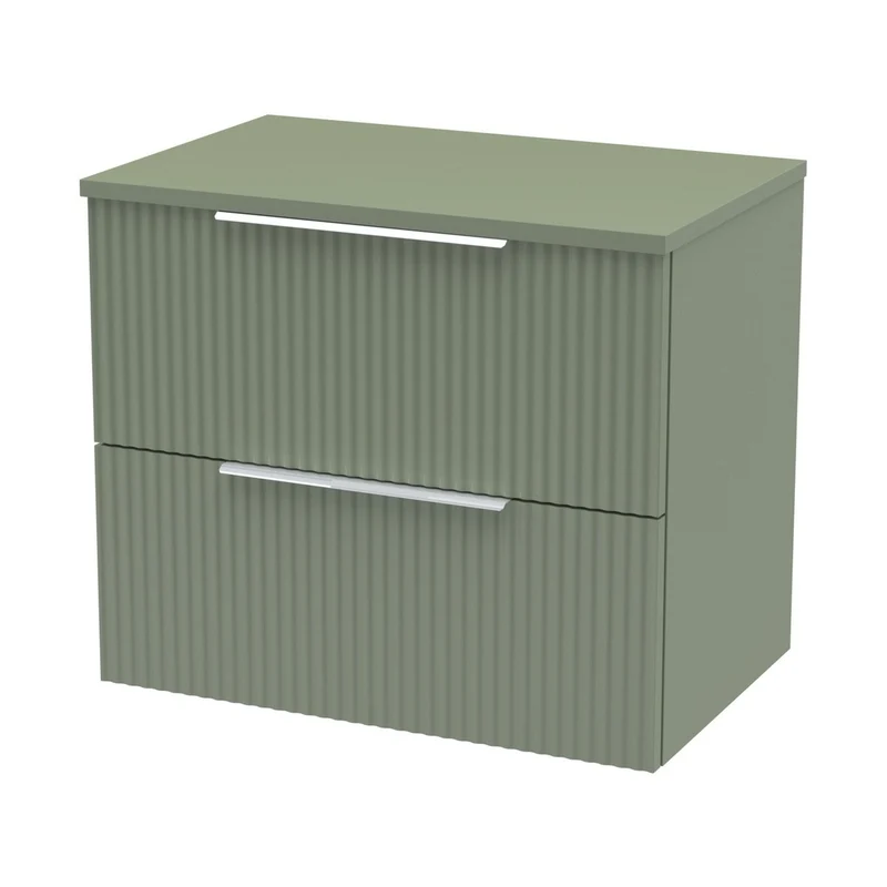Hudson Reed Fluted 600mm Wall Hung 2 Drawer Vanity & Worktop Contemp Satin Green MFC Painted Gloss 518x605x390mm