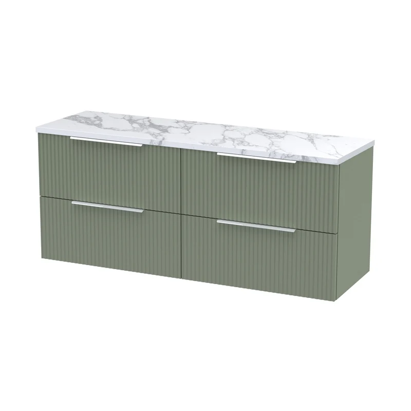 Hudson Reed Fluted 1200 Wall Hung 4-drawer Vanity & Laminate Worktop Contemp Satin Green MFC Painted Gloss 545x1215x455mm - DFF893LCM2