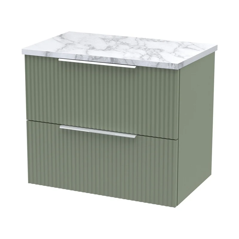 Hudson Reed Fluted 600mm Wall Hung 2-drawer Vanity & Laminate Worktop Contemp Satin Green MFC Painted Gloss 522x605x390mm