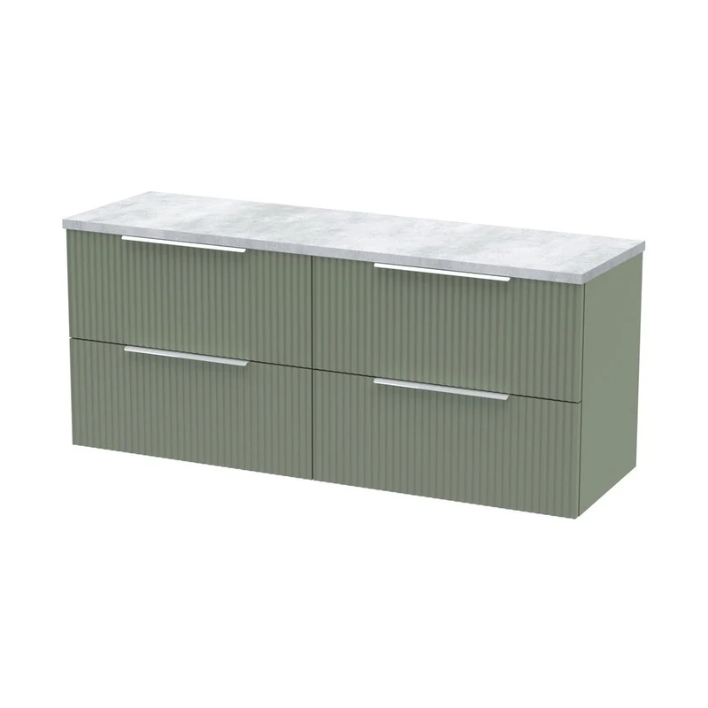 Hudson Reed Fluted 1200 Wall Hung 4-drawer Vanity & Laminate Worktop Contemp Satin Green MFC Painted Gloss 545x1215x455mm - DFF893LBG2
