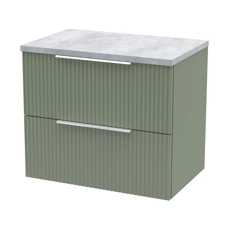 Hudson Reed Fluted 600mm Wall Hung 2 Drawer Vanity & Laminate Top Contemp Satin Green MFC Painted Gloss 522x605x390mm - DFF893LBG