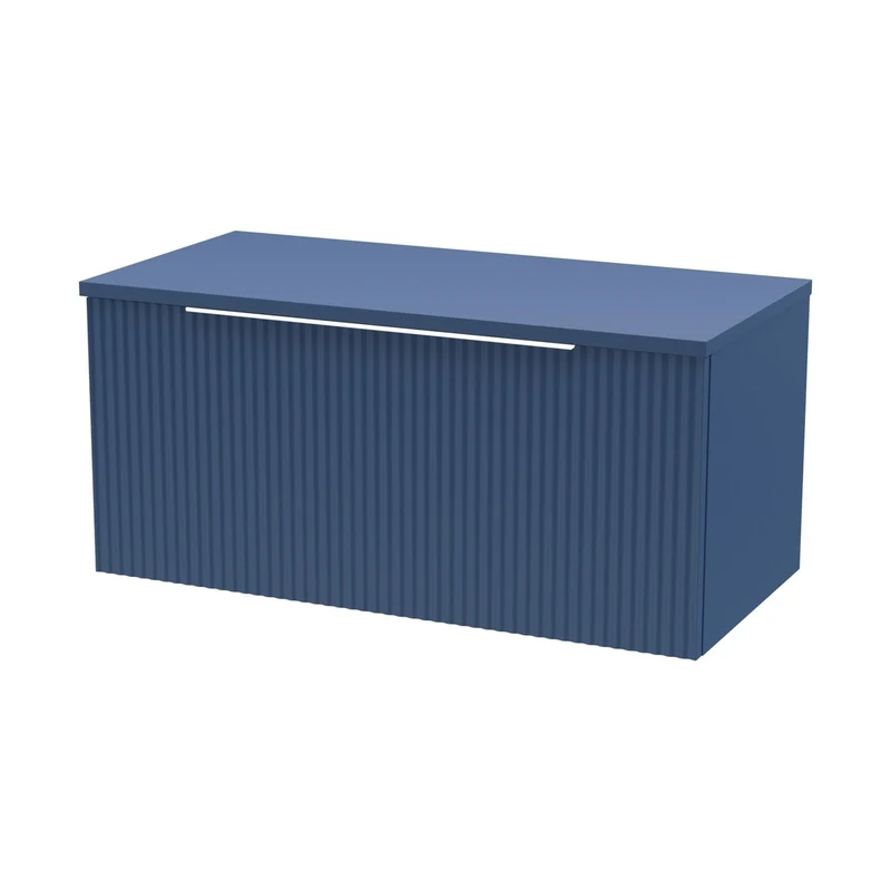 Hudson Reed Fluted 800mm Wall Hung Single Drawer Vanity & Worktop Contemp Satin Blue MFC Painted Gloss 377x805x390mm
