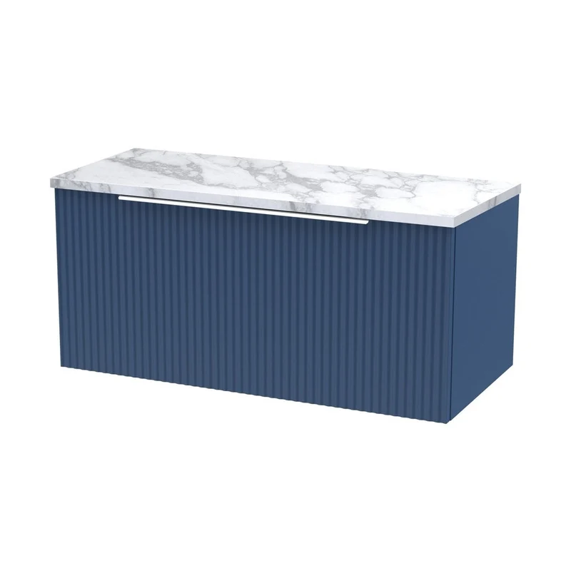 Hudson Reed Fluted 800mm Wall Hung Single Drawer Vanity & Laminate Worktop Contemp Satin Blue MFC Painted Gloss 381x805x390mm