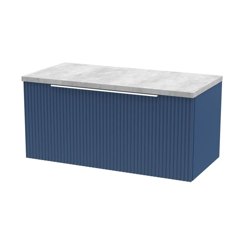 Hudson Reed Fluted 800mm Wall Hung Single Drawer Vanity & Laminate Top Contemp Satin Blue MFC Painted Gloss 381x800x390mm - DFF396LBG
