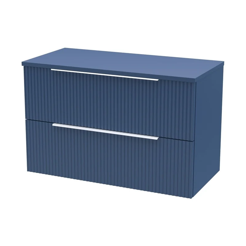 Hudson Reed Fluted 800mm Wall Hung 2 Drawer Vanity & Worktop Contemp Satin Blue MFC Painted Gloss 518x805x390mm