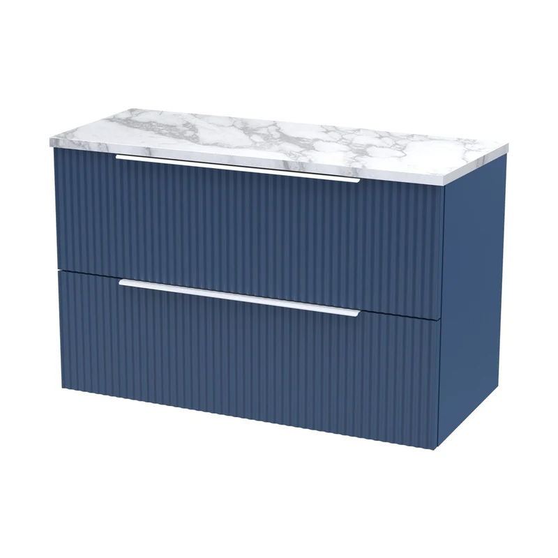 Hudson Reed Fluted 800mm Wall Hung 2-drawer Vanity & Laminate Worktop Contemp Satin Blue MFC Painted Gloss 522x805x390mm