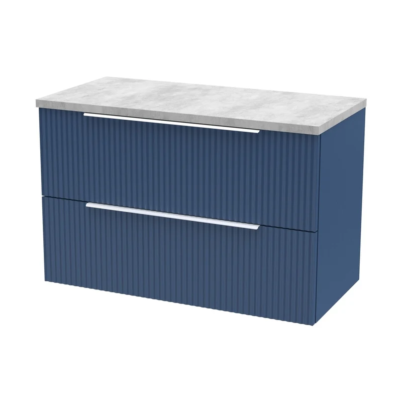 Hudson Reed Fluted 800mm Wall Hung 2 Drawer Vanity & Laminate Top Contemp Satin Blue MFC Painted Gloss 522x805x390mm - DFF395LBG