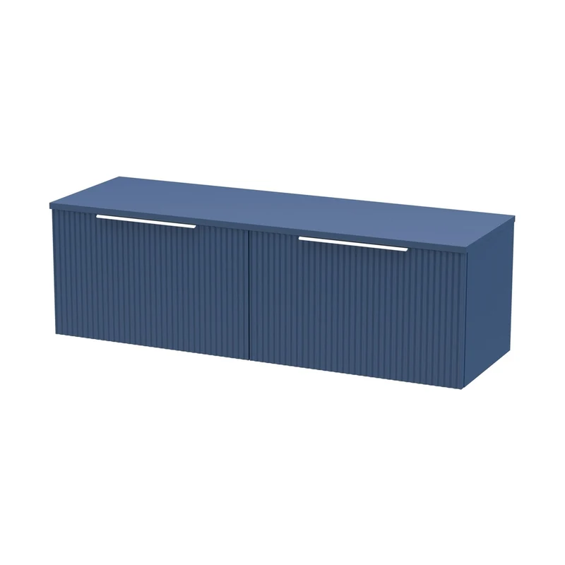 Hudson Reed Fluted 1200mm Wall Hung 2 Drawer Vanity & Worktop Contemp Satin Blue MFC Painted Gloss 377x1205x390mm