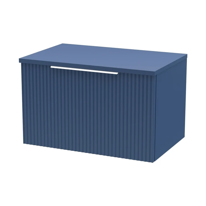 Hudson Reed Fluted 600mm Wall Hung Single Drawer Vanity & Worktop Contemp Satin Blue MFC Painted Gloss 377x605x390mm