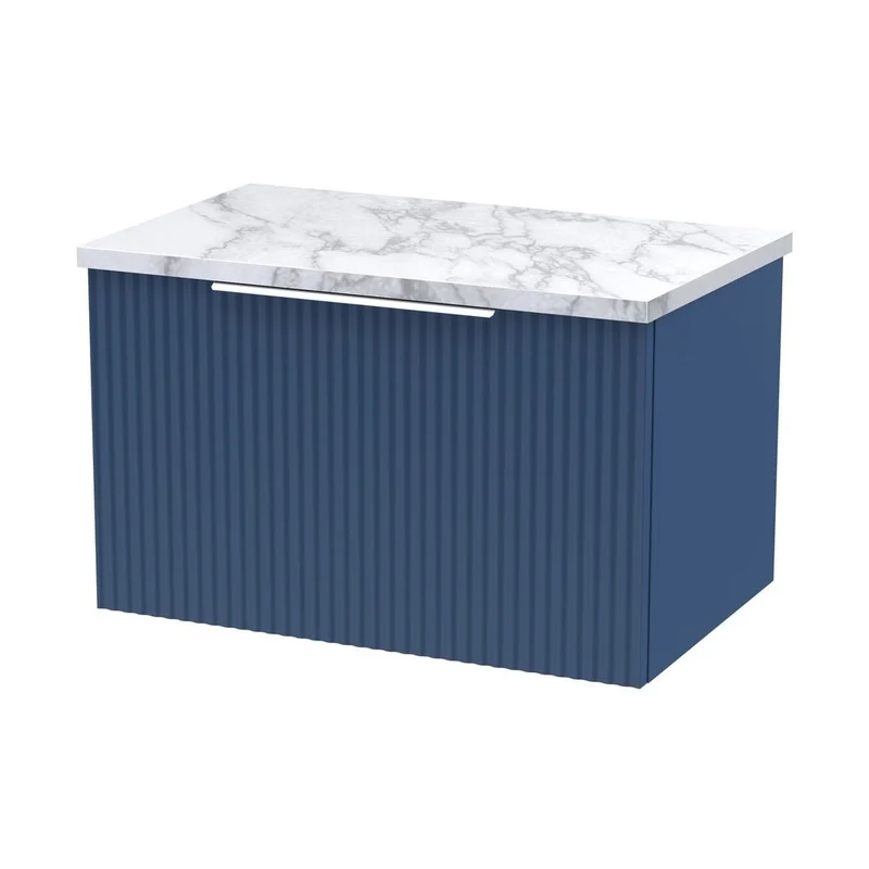 Hudson Reed Fluted 600mm Wall Hung Single Drawer Vanity & Laminate Worktop Contemp Satin Blue MFC Painted Gloss 381x605x390mm