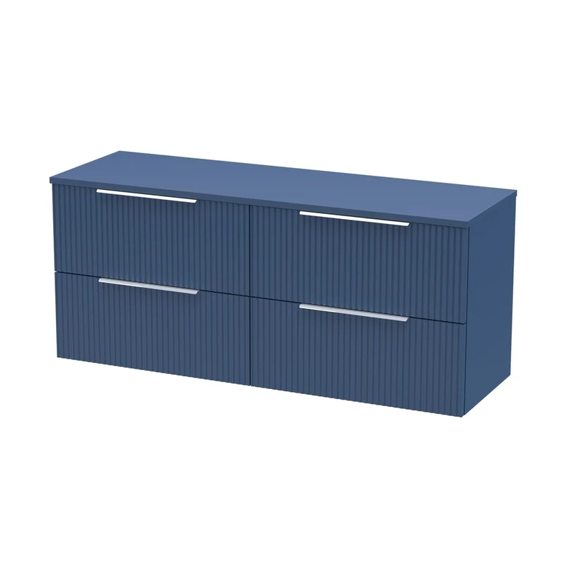 Hudson Reed Fluted 1200mm Wall Hung 4 Drawer Vanity & Worktop Contemp Satin Blue MFC Painted Gloss 518x1205x390mm