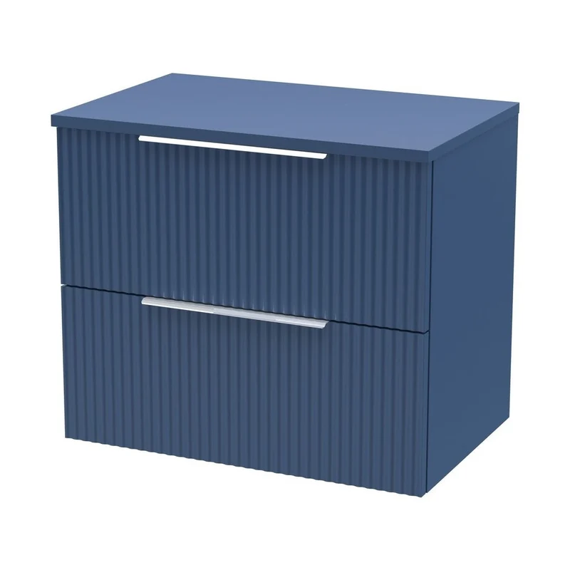 Hudson Reed Fluted 600mm Wall Hung 2 Drawer Vanity & Worktop Contemp Satin Blue MFC Painted Gloss 518x605x390mm