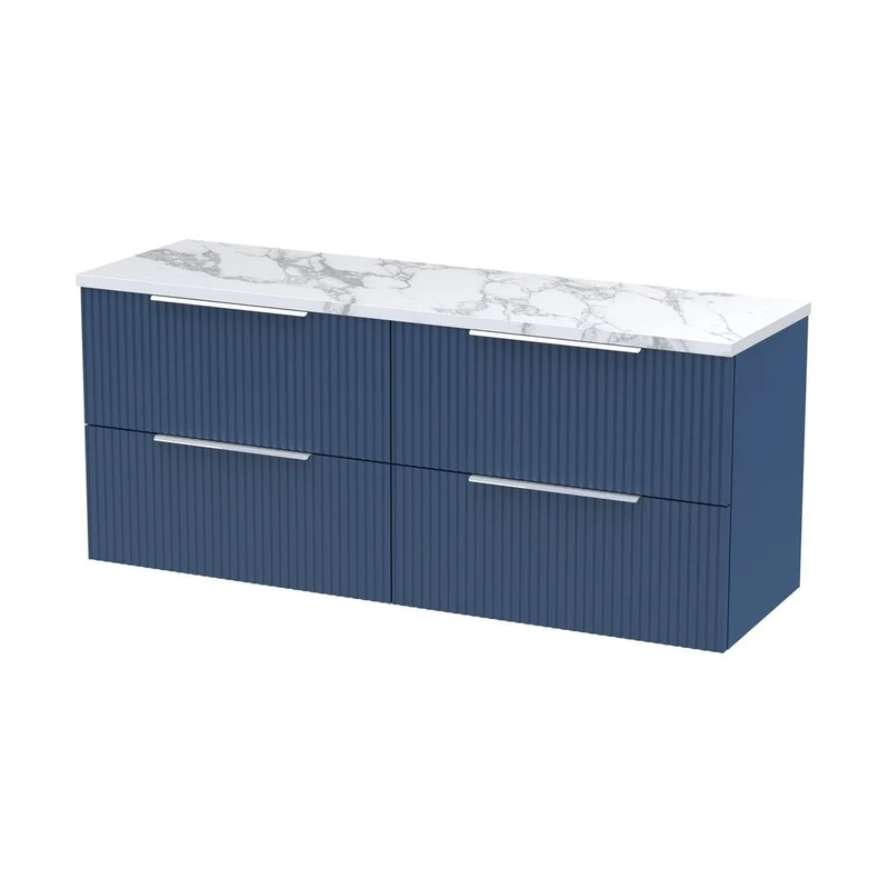 Hudson Reed Fluted 1200 Wall Hung 4-drawer Vanity & Laminate Worktop Contemp Satin Blue MFC Painted Gloss 545x1215x455mm - DFF393LCM2