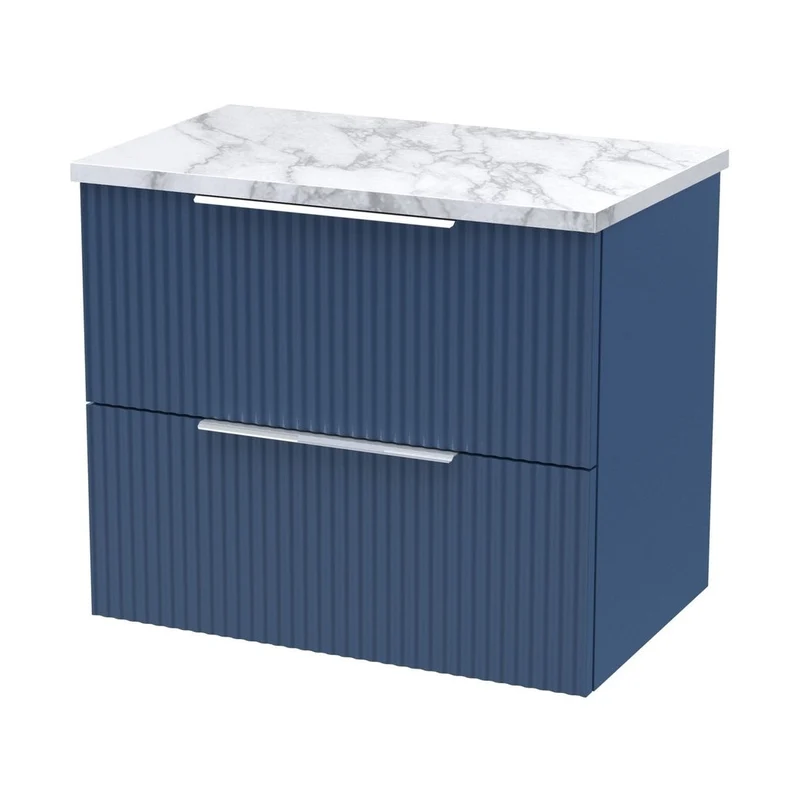 Hudson Reed Fluted 600mm Wall Hung 2-drawer Vanity & Laminate Worktop Contemp Satin Blue MFC Painted Gloss 522x605x390mm