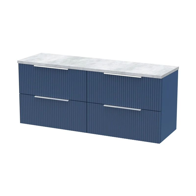 Hudson Reed Fluted 1200 Wall Hung 4-drawer Vanity & Laminate Worktop Contemp Satin Blue MFC Painted Gloss 545x1215x455mm - DFF393LBG2