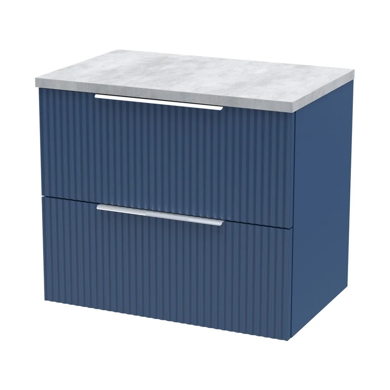 Hudson Reed Fluted 600mm Wall Hung 2 Drawer Vanity & Laminate Top Contemp Satin Blue MFC Painted Gloss 522x605x390mm - DFF393LBG