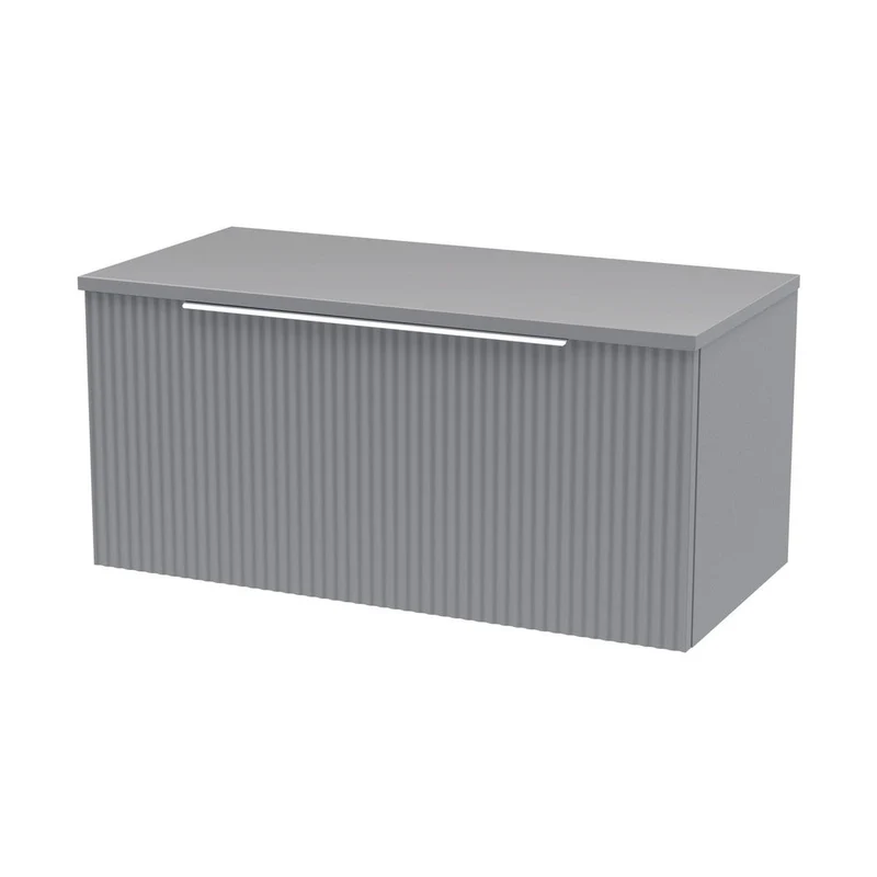 Hudson Reed Fluted 800mm Wall Hung Single Drawer Vanity & Worktop Contemp Satin Grey MFC Painted Gloss 377x805x390mm
