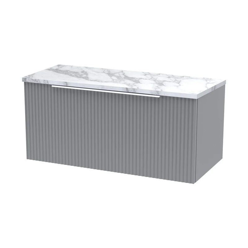 Hudson Reed Fluted 800mm Wall Hung Single Drawer Vanity & Laminate Worktop Contemp Satin Grey MFC Painted Gloss 381x805x390mm